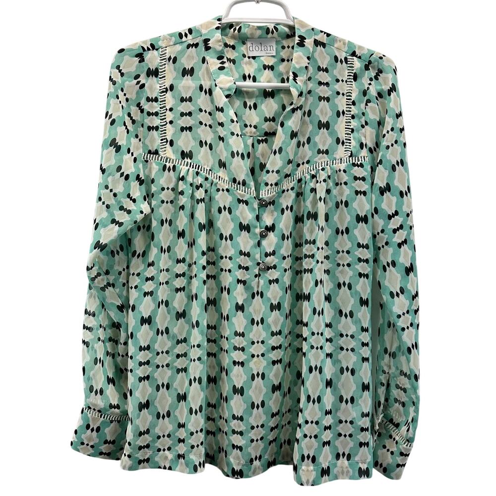 Dolan Popover Long Sleeve Blouse Teal Black White Design Small